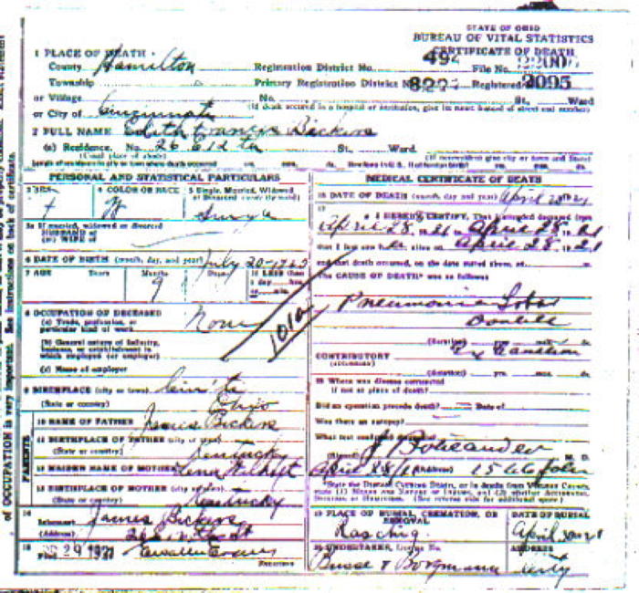 Edith Frances Bickers Death Certificate