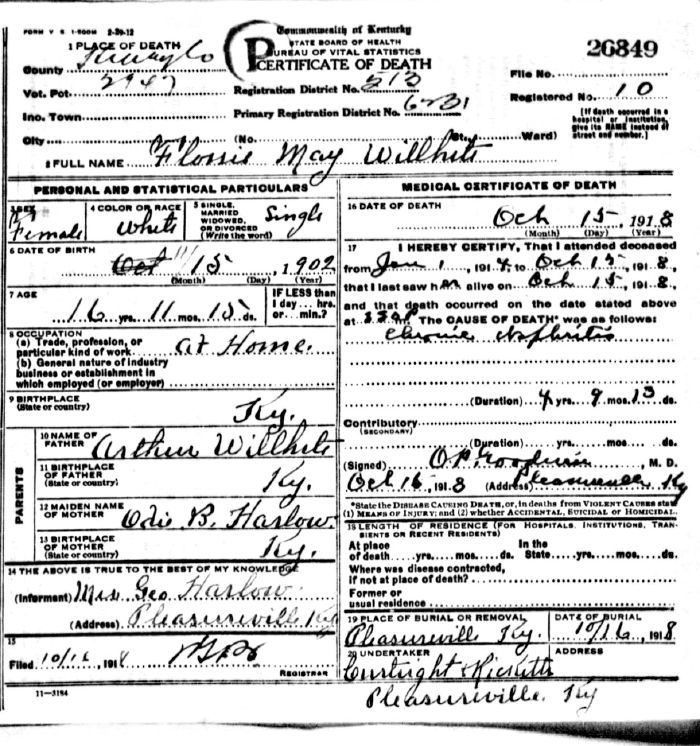 Flossie May Willhite Death Certificate
