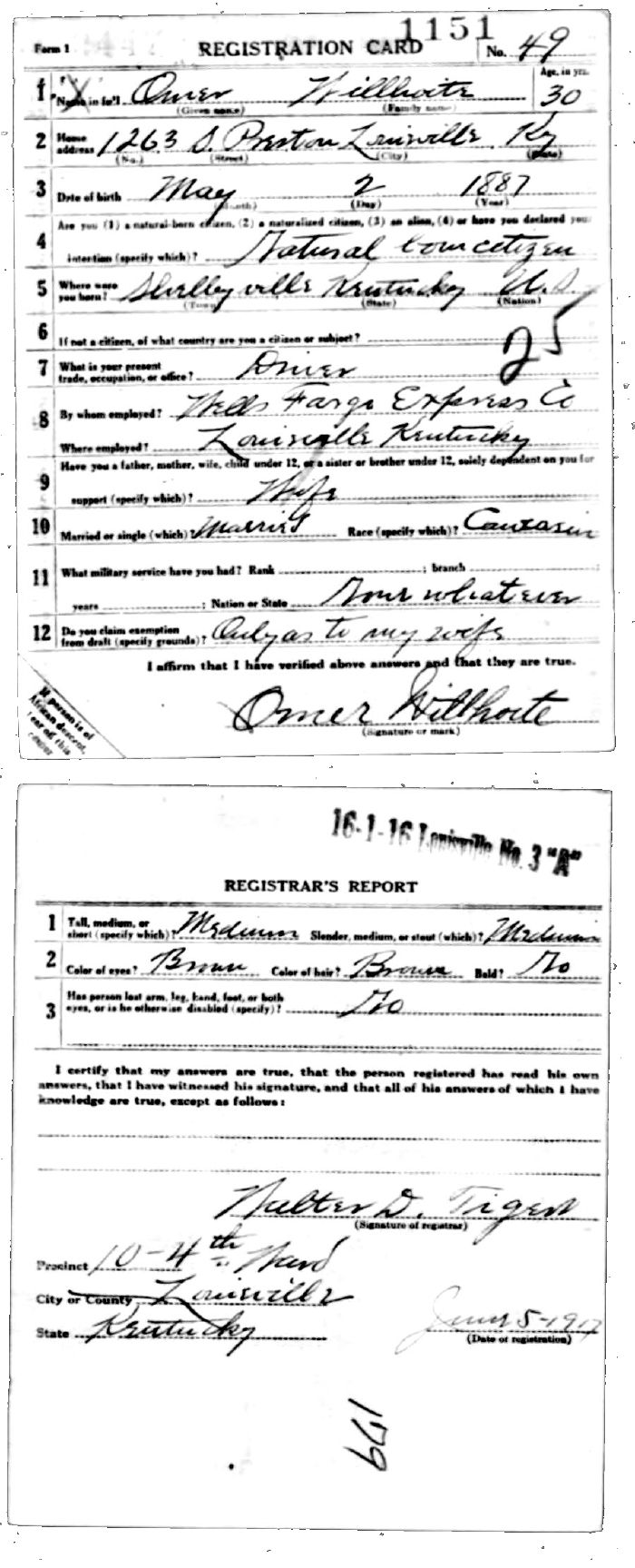 Omer Willhoite WWI Draft Card
